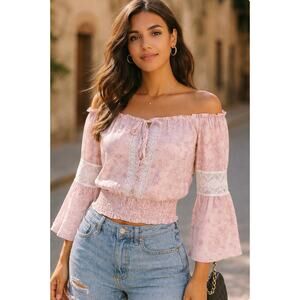 NWT Temptation Positano Paisley Linen Off Shoulder Top coquette Cottagecore